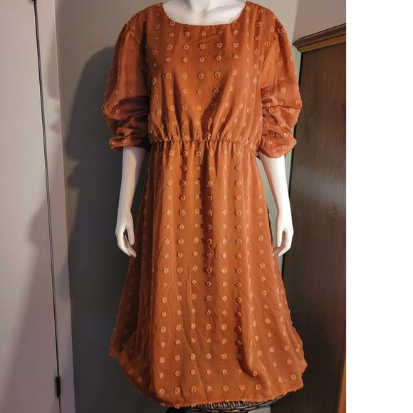 HANNA NIKOLE Terracotta Orange Maxi Dress 22W Plus Modest Boho Smocked Swiss Dot - Picture 2 of 10
